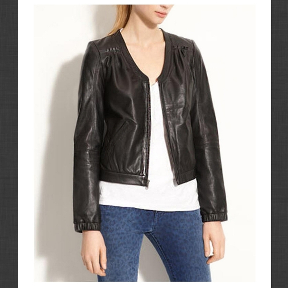 Leith Lambskin Leatger Yoke Crop Jacket - Picture 3 of 6